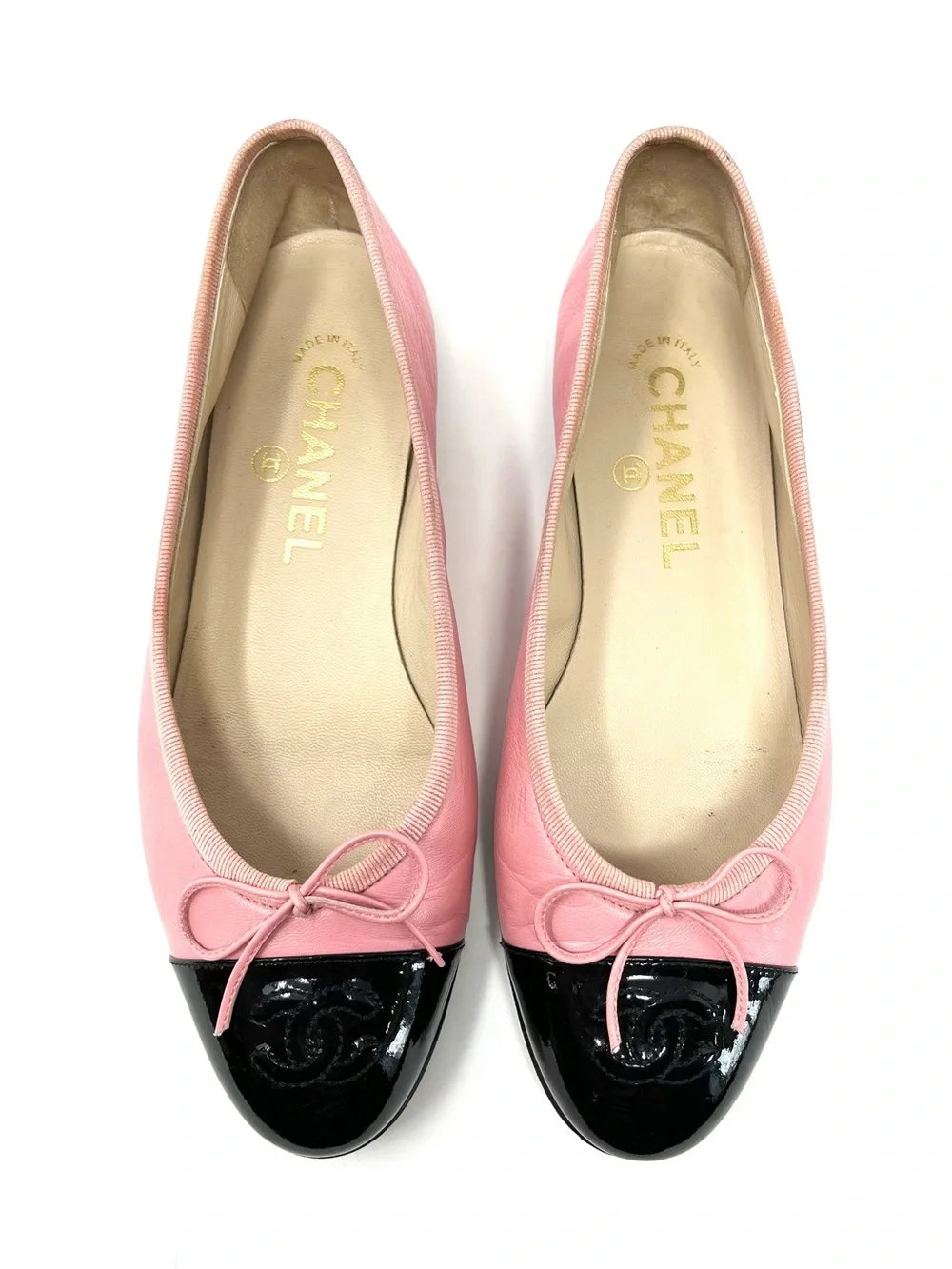 Chanel Pink Leather Black Cap Toe Two Tone CC Logo Bow Ballet Flats Shoes 36.5
